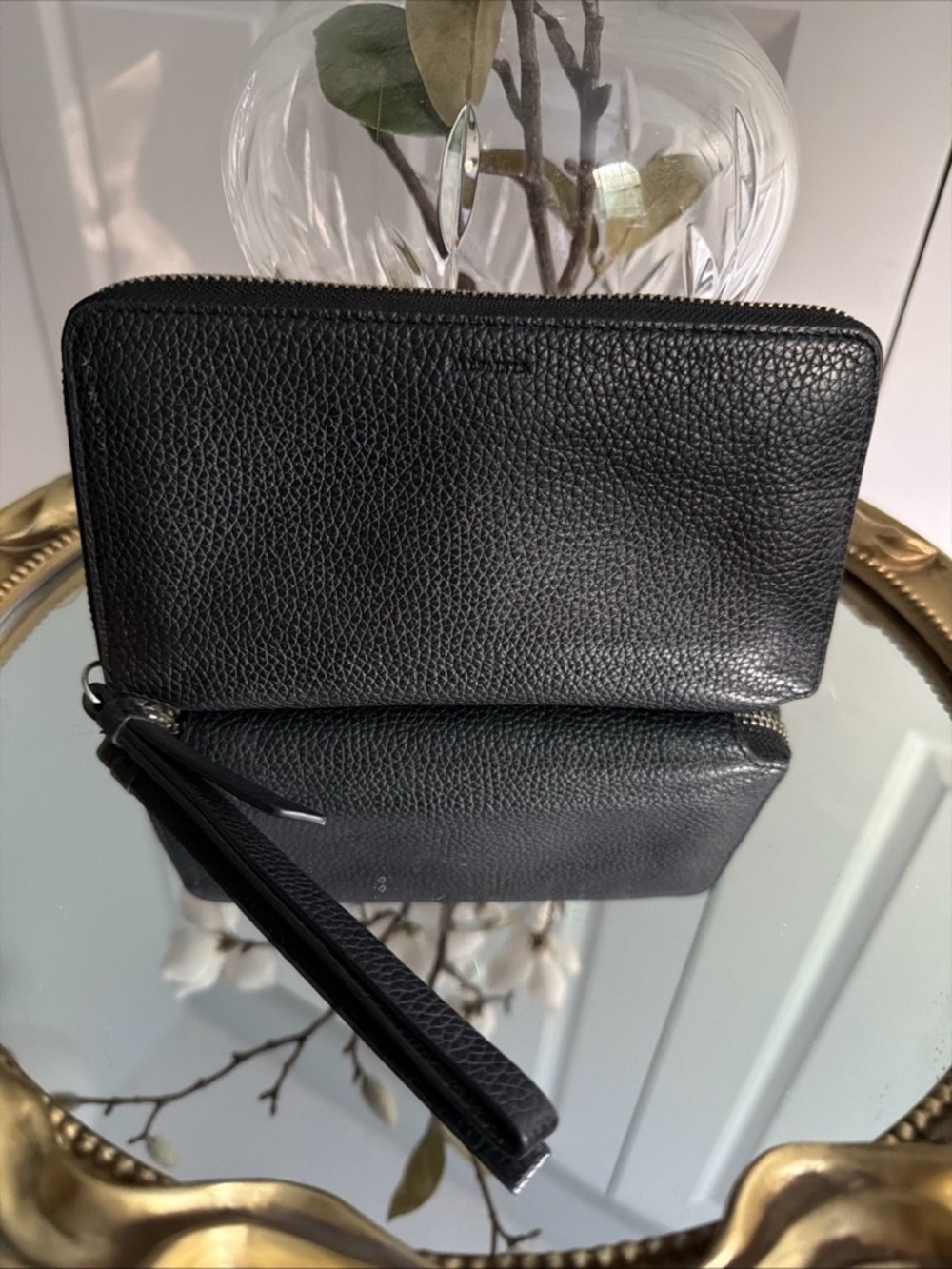 All Saints Black Pebbled Leather Zip Wristlet